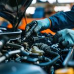 A proficient BIPOC technician in a garage, employing high-tech tools to inspect a faulty car engine, ensuring top performance.